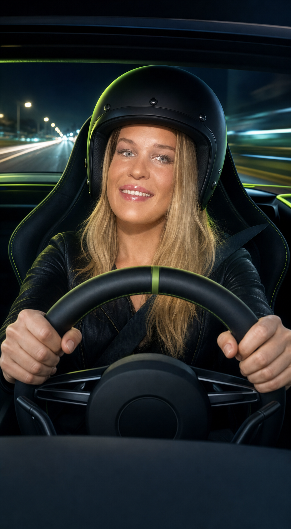 Kiki wearing a racing helmet and driving with both hands on the steering wheel